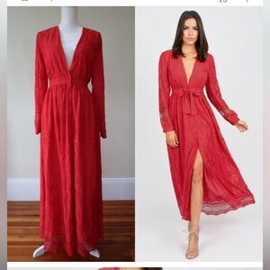 Olivia Culpo Red Lace Maxi Dress Embroidered Long Sleeve Medium